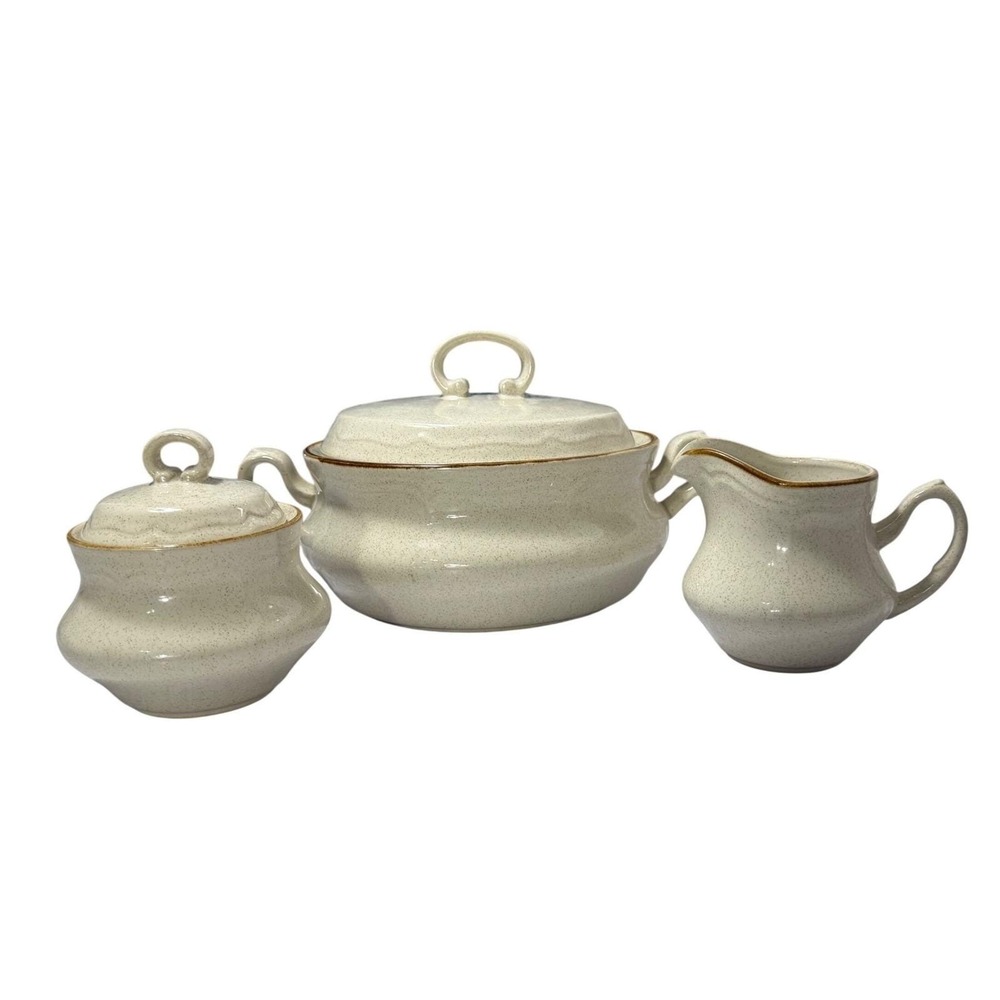 Hearthside Baroque Stoneware 3-Piece Covered Casserole Sugar Bowl Creamer Set